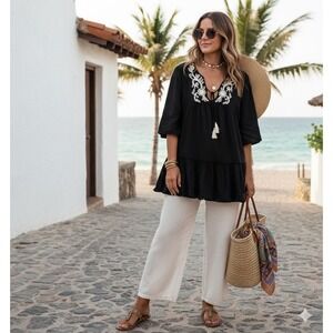 Boho Embroidered Tunic Dress‎ Tiered Fringe Hem XL Dark Cottage Beachy Resort